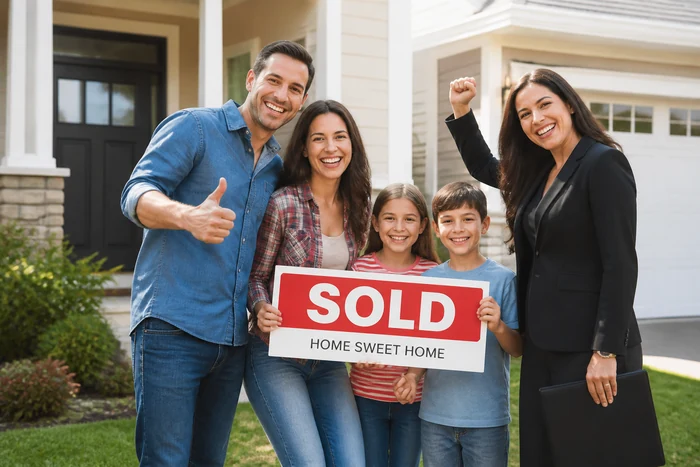 Family and agent celebrating sold home