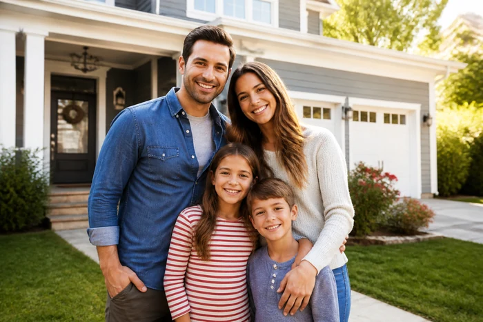 Happy family outside their home