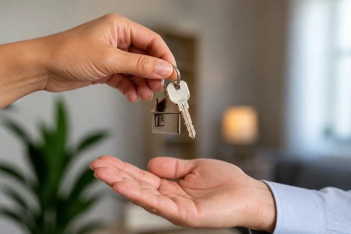 Woman handing over house keys at closing