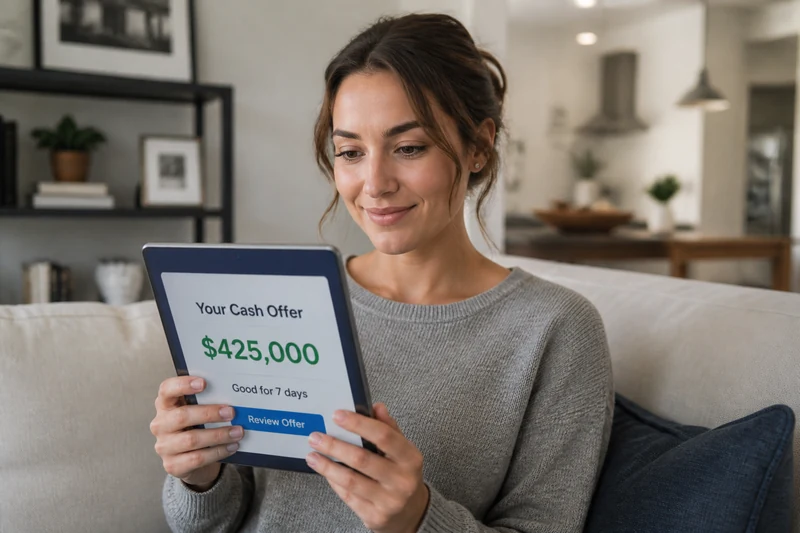 Woman reviewing cash offer on tablet