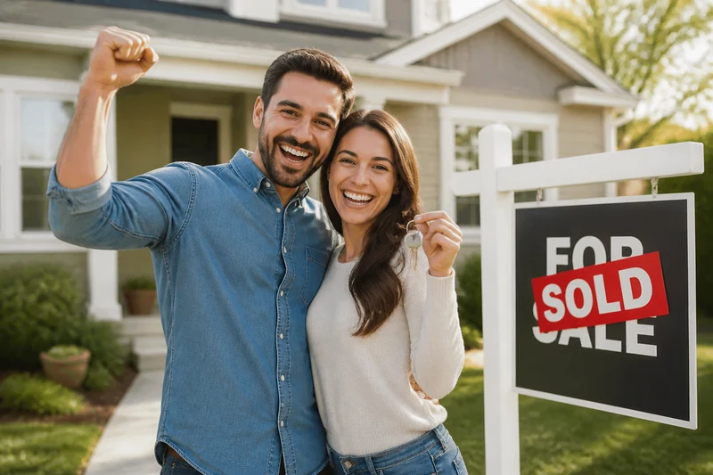 Happy couple celebrating sold home
